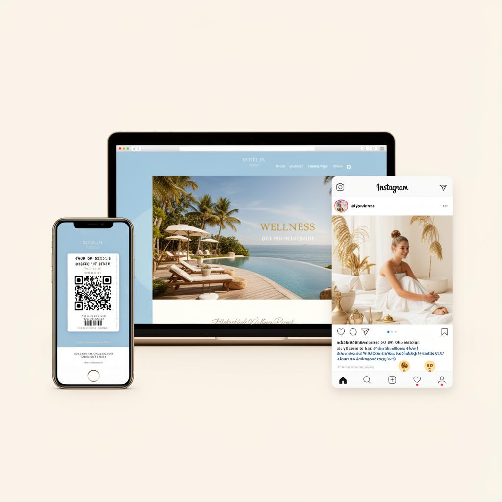 Mockup mostrando celular con ticket QR, laptop con landing page y post de Instagram